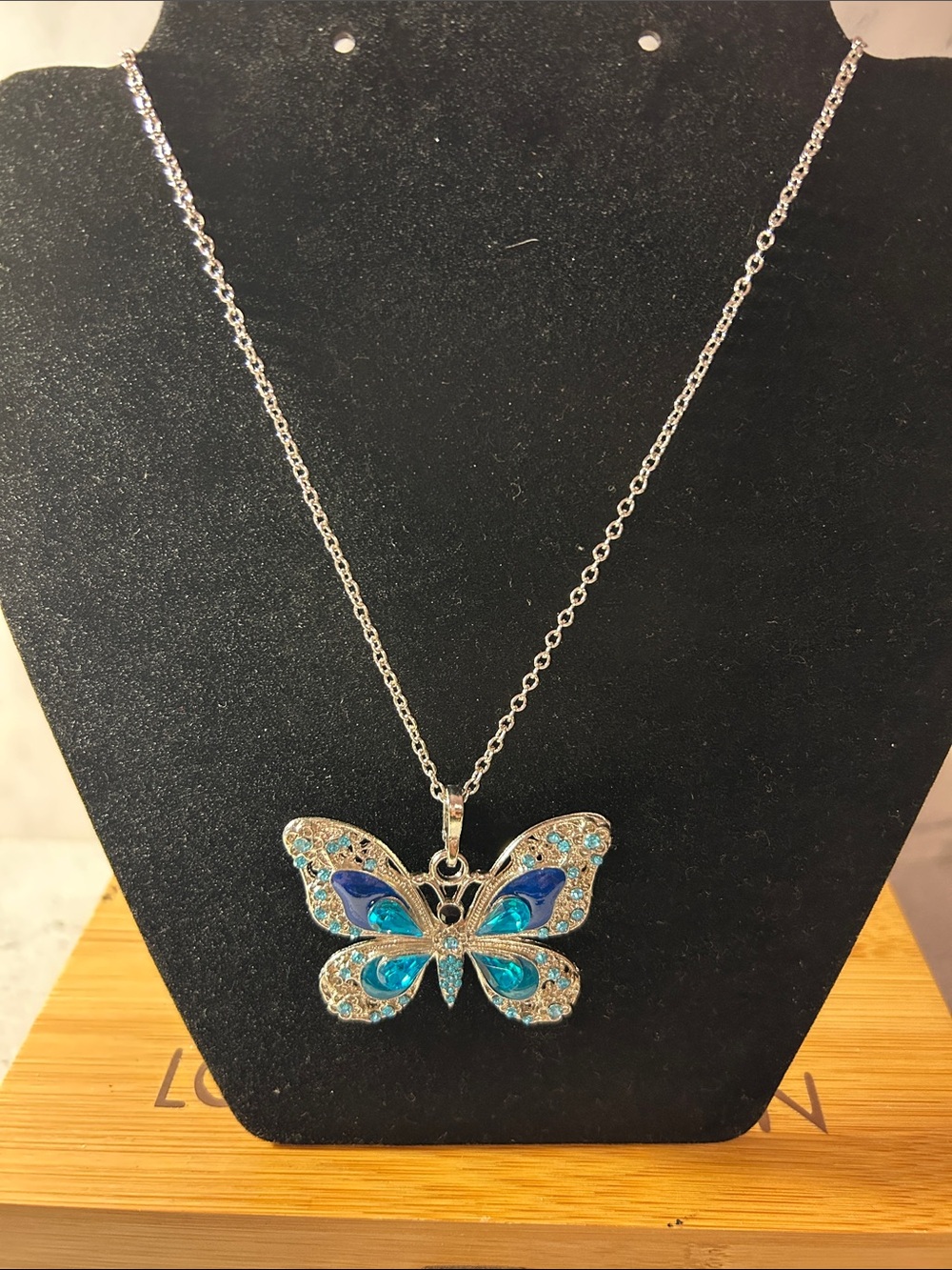 Source Unknown Silver Butterfly Necklace with Blue and Aqua Accents